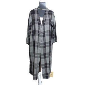 LIPSIM Black & Gray Plaid Duster Coat Robe Japanese Rayon Belted 3/4 Sleeve EUC